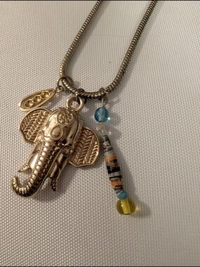 Gold Elephant Charm Necklace with Blue and Yellow Beads